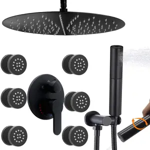 Matte Black 16 Inch Round Rain Shower Head Bathroom Shower System With Body Jets