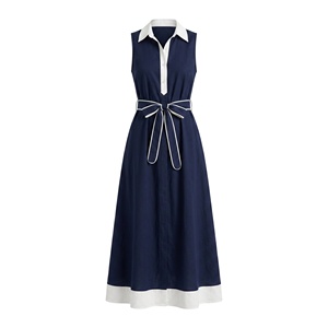 Robe midi tissée style vintage coupe trapèze avec ceintures et boutons, motif à pois, taille naturelle, écologique, lavable, printemps été automne - Product Image 1