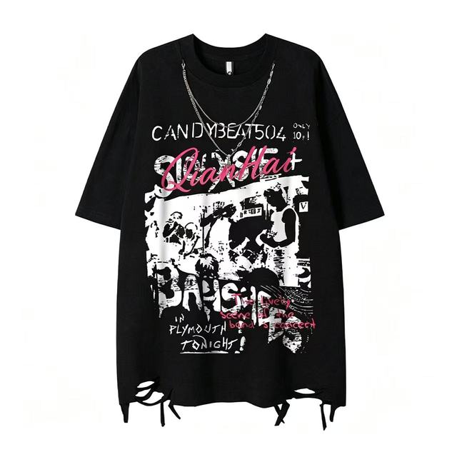 QianHai Vintage Rock Band Print Oversized Long T-Shirt Unisex Black Distressed Hem Streetwear Loose Short Sleeve 180 Grams