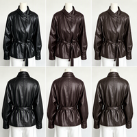 Blouson Bomber Femme en Cuir PU Enduit Coupe-Vent Écologique Col Montant Ceinture à Nouer Simple Boutonnage Style Coréen Automne