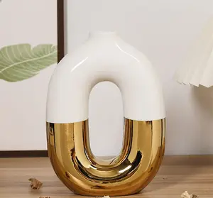 Jarrón ovalado de cerámica electrochapado de oro de lujo, florero de decoración artesanal para el hogar
