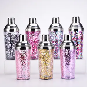 Atacado bpa cor personalizada de barra, coquetel de vinho brilhante coqueteleira com glitter dupla parede