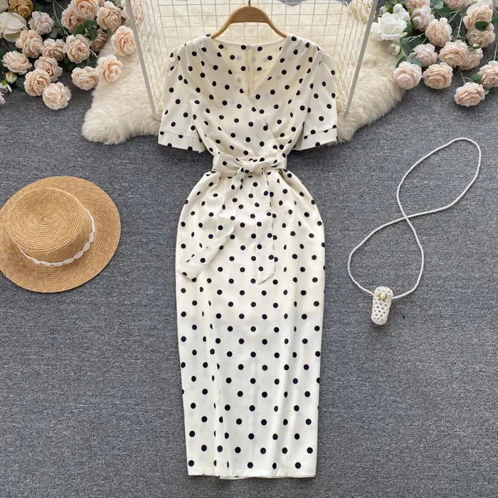 Ym1966 Mới Của Hàn Quốc Chic Thanh Lịch Polka Dot In V Cổ Bắn Tay Áo Mỏng Eo Midi Ăn Mặc Phụ Nữ Dresses Bán Buôn 5