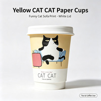 Doppelwandige Einweg-Kaffeebecher aus Papier mit weißen Deckeln, lustiger Sofa-Katzen-Cartoon-Druck, isolierte Papierbecher mit individuellem Logo