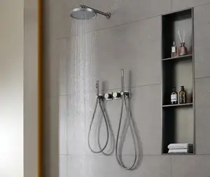 Modern 3 Functions Gun Gray Wall Mount Brass Concealed Bathroom Bath Rainfall Shower Mixer Tap Set With Bidet Sprayer