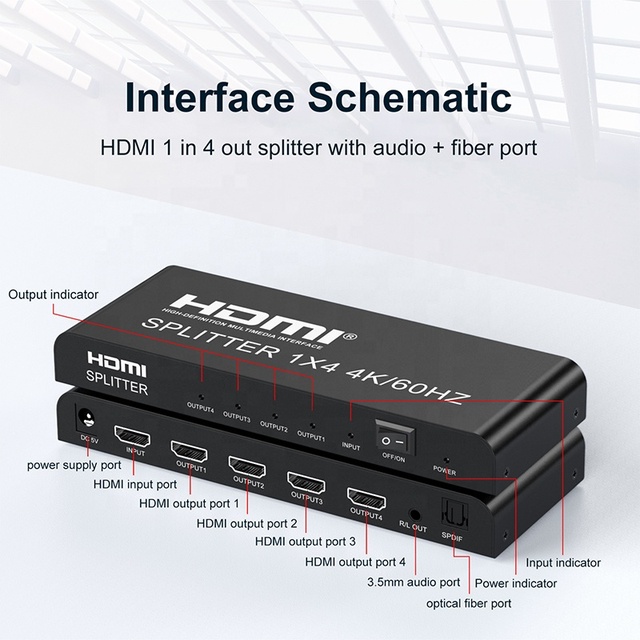 Xput 1 in 4 Out HDMI Splitter 1X4 4 Port HDMI2.0 4K60Hz Video Splitter With Power Supply and Audio Function for Home Theater