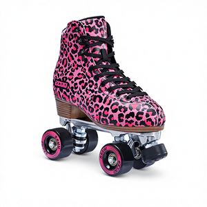 Patins à roulettes à quatre roues pour débutants en microfibre PU à imprimé léopard rétro à double rangée - Product Image 1