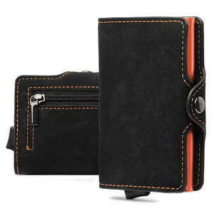 Portefeuille à cartes pop-up en cuir véritable avec fermeture à bouton personnalisée pour hommes, blocage RFID, <span class=keywords><strong>porte</strong></span>-cartes intelligent en aluminium métallique avec poche à monnaie - Product Image 1