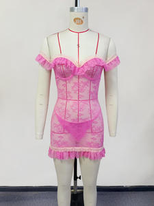 Mini sıkı dantel elbise tam örgü Bodycon Chemise pembe parti Babydoll fırfır off-omuz pijama - Product Image 5