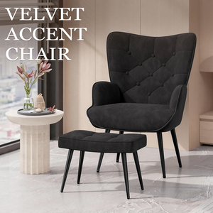 Velvet Accent <b>Chair</b> with Ottoman Tufted Button High <b>Back</b> Wing <b>Back</b> <b>Chair</b> Upholstered Leisure Armchair for Living Room Bedroom - Product Image 3