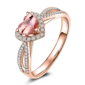 Bán buôn lãng mạn Rose Gold Plated nhẫn cho phụ nữ lớn màu hồng morganite moissanite Halo LỜI HỨA vòng trái tim cho engagement