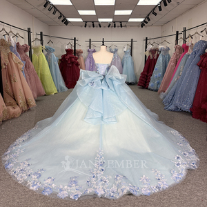 ชุดเดรสสีฟ้าอ่อนสำหรับงาน Quinceanera ประดับดอกไม้สีน้ำเงิน ชุดราตรีประดับมุก Vestidos De Quinceanera Dy1335 - Product Image 3