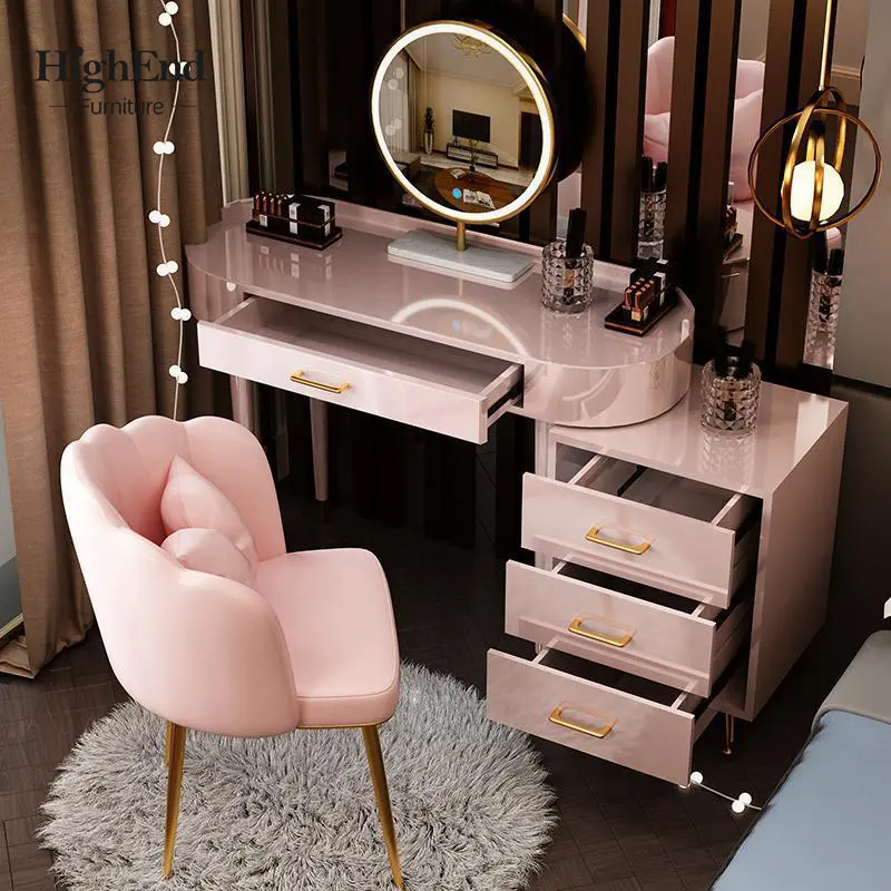 Simple muebles para el hogar de madera inteligente de carga inalámbrica Rosa conejo maquillaje Mesa niñas vanidad Mesa silla conjunto