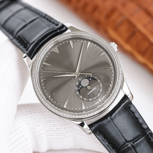 Mechanical Watch with Moon Phase Date Function Diamond Bezel Leather Strap Stainless Steel Case for Business Casual Wear - Product Image 3