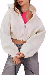 Última Colección Primavera 2025, Sudadera con Capucha para Mujer, Anti-Pilling, Forrada, Hombros Caídos, Cierre de Cremallera, Corta, Color Sólido, Manga Larga, Holgada - Product Image 3