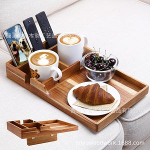 Plateau de canapé en bois massif multifonctionnel pour salon avec supports pour téléphone et télécommande - Product Image 1