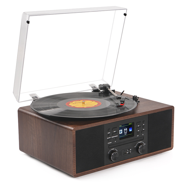 All in One Retro Modern Luxury Desktop DAB FM Radio CD Player Bluetooth USB/TF Card MP3 Playback Phonograph Vinyl Record Player