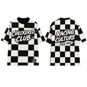 OEM Graffiti Letter Checkerboard Racing Tee Oversized Loose Fit Checkered Club Print Mens Racing Fan Short Sleeve <b>Tshirt</b> Wholesa - Product Image 4