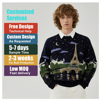 Pull en tricot personnalisé pour homme, col rond bleu marine, broderie scénique Nuit de Paris, jacquard intarsia, pull graphique en tricot pour homme, vente en gros