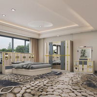 Ensemble de chambre à coucher moderne et luxueuse avec lit en tissu blanc et six armoires meubles en bois personnalisables pour hôtel, maison ou villa