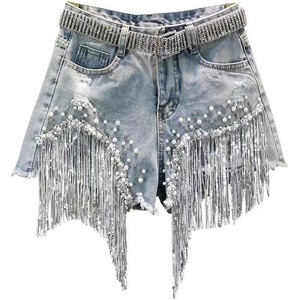 Nuevos shorts <span class=keywords><strong>de</strong></span> mezclilla para <span class=keywords><strong>mujer</strong></span>, estilo europeo, <span class=keywords><strong>de</strong></span> cintura alta, con cuentas, lentejuelas y flecos, efecto desgastado, colección verano 2026 - Product Image 6