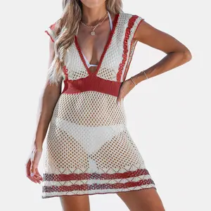 Custom Boho Beach Wear Plunging V-neck Tank Knitted Dress Hollow Out Crochet Cover Up Dress