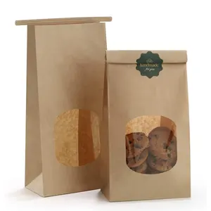 Hoge Kwaliteit Custom Logo Gepersonaliseerde Eco Vriendelijke Brood Snack Bakkerij Food Grade Kraft Nemen Weg Verpakking Papieren Zak Met Venster