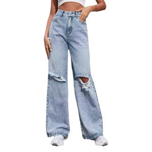 Nouveaux jeans en denim décontractés pour femmes, à la mode, à taille mi-haute, droits, respirants, lavage clair, amples, en gros, avec logo personnalisé - Product Image 4