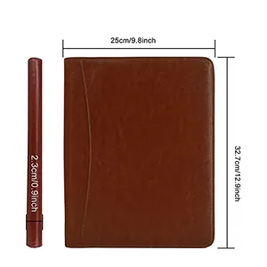 Brown Luxury Leather Padfolio Portfolio Compendium File Folder With A4 Letter Sized Writing Pad Zipper