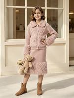 Luxuriöses Lammwoll-Kinderoutfit Flauschiger Pelzkragen Mädchen Langarm-Strickjacke + Knielanges Trägerkleid Herbst Winter Mädchen Bekleidungsset