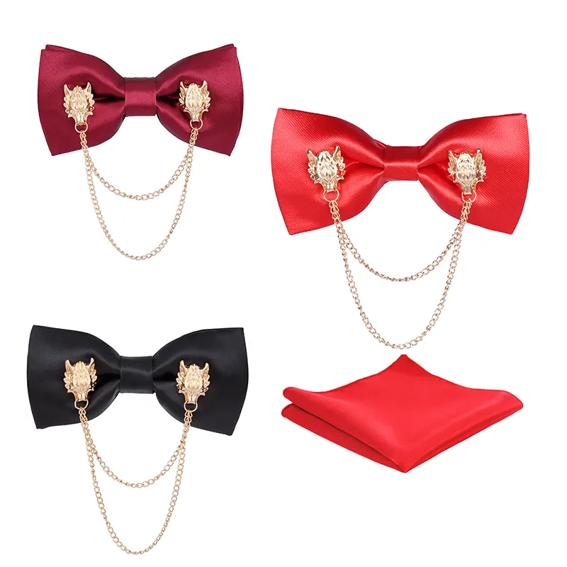 Manufacturer solid color golden wolf head butterfly men bow tie sets luxury bowtie