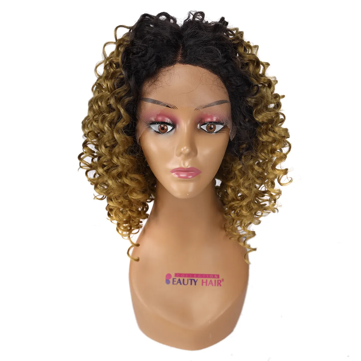 Biology Medium Curly Hair Black Lace Bob Wig Natural Deep Wave 14Inches Women's Synthetic T-Part Wigs Heat Resistant
