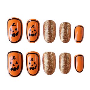 Uñas Postizas de Halloween Estilo Europeo y Americano, Diseño de Calabaza Dorada con Armadura, Brillantes, Hechas a Mano, con Diseño de Dibujos Animados - Product Image 5