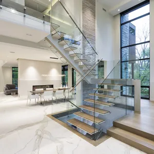 Staircase Interior Mono Beam Exterior Stair Case Rail Wood Spiral Floating Metal Round Oak Tread LED Light Modern Staircase