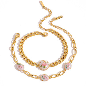 <b>Flower</b> Charm <b>Bracelet</b> Gold Chain With Enamel Floral Beads For Women Gift Jewelry - Product Image 5