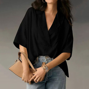 Camicia a maniche corte con risvolto a tinta unita <span class=keywords><strong>da</strong></span> donna, blusa casual a vestibilità ampia, top estivo nuovo arrivo - Product Image 4