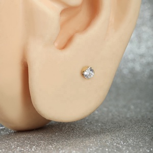 Giometal 14k <span class=keywords><strong>oro</strong></span> bianco solido solitario RD Top <span class=keywords><strong>Piercing</strong></span> senza fili orecchini a bottone <span class=keywords><strong>trago</strong></span> per donne Helix Daith gioielli per il corpo - Product Image 2