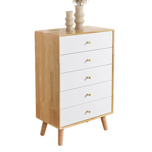 Commode en bois massif à 4 tiroirs, façade blanche avec cadre et pieds en bois, style nordique, armoire de rangement pour chambre à coucher - Product Image 5