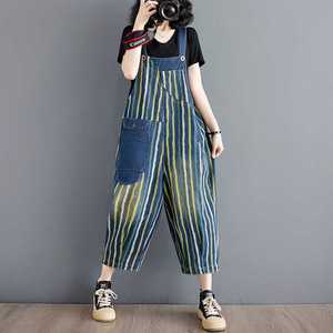 Real-shot 2025 Spring-size Splicing Denim Multi-pocket Contrast-color Three-quarter-length Streetwear <strong>Dungarees</strong> <strong>Women</strong> - Product Image 2