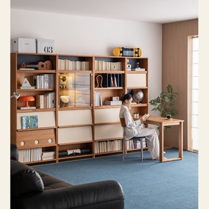 Bibliothèque murale complète en bois de cerisier, armoire de rangement modulaire pour salon, meubles en bois massif - Product Image 1