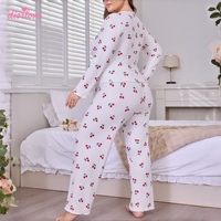 Ensemble de pyjama d'été pour femmes grandes tailles, imprimé cerises de luxe, respirant, simple, manches longues, shorts, vêtements de maison