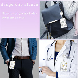 White chrysanthemum <b>ID</b> round badge clip lanyard and retractable scroll clip stylish card name tag vertical protective case - Product Image 4