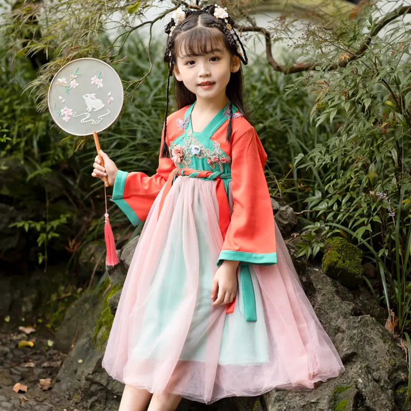 Fantasia chinesa tradicional de ano novo, para meninas hanfu, vestido de dança folk, vintage, bordado, corte, princesa, roupa para festival