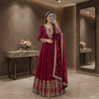 Gaun Pesta Diwali Wanita TENNECY, Panjang Lantai, Bahan Georgette Tebal, Bordir Payet, Anti Kusut, Daur Ulang, Cepat Kering