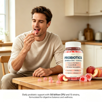 Probiotiques 50 Milliards UFC 13 Souches Mélange de Prébiotiques Fibres Sans Sucre Saveur Pêche 60 Gummies Complément OEM