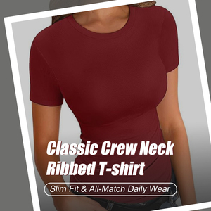 Camiseta Casual de Verano para Mujer, Cuello Redondo, Manga Corta, Corte Ajustado, Estilo Básico - Product Image 1