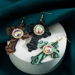 New Design Western Jewelry Printed Leather Earrings Glass Crystal Cross Drop Earrings Women