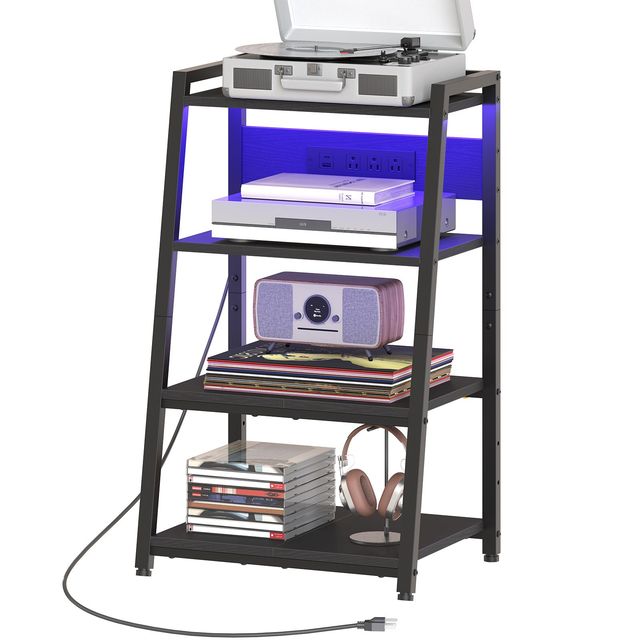 Wholesale Record Player Stand, AV Media Rack with CD Storage, Black Entertainment Device Shelf with Record Organizer and Display