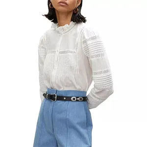 Womens dài tay áo xếp li ren TRIM Ruffle Nút Cổ xuống áo