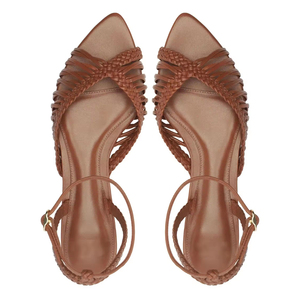 Fashion Ladies Beige Pu Woven Ankle Strap <b>Pointed</b> <b>Toe</b> <b>Flat</b> Sandals Women's Summer Low <b>Flat</b> Feet Sandals - Product Image 3